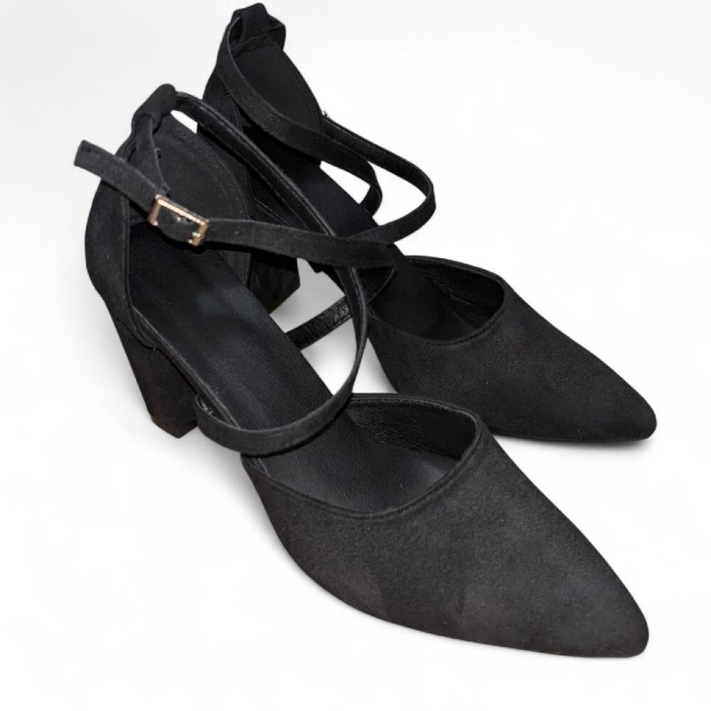 Black suede pointed toe heels with ankle strap